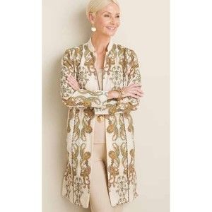 Chicos Sz 3 Embellished Velvet Duster Jacket Beaded Sequins Applique Cream XL